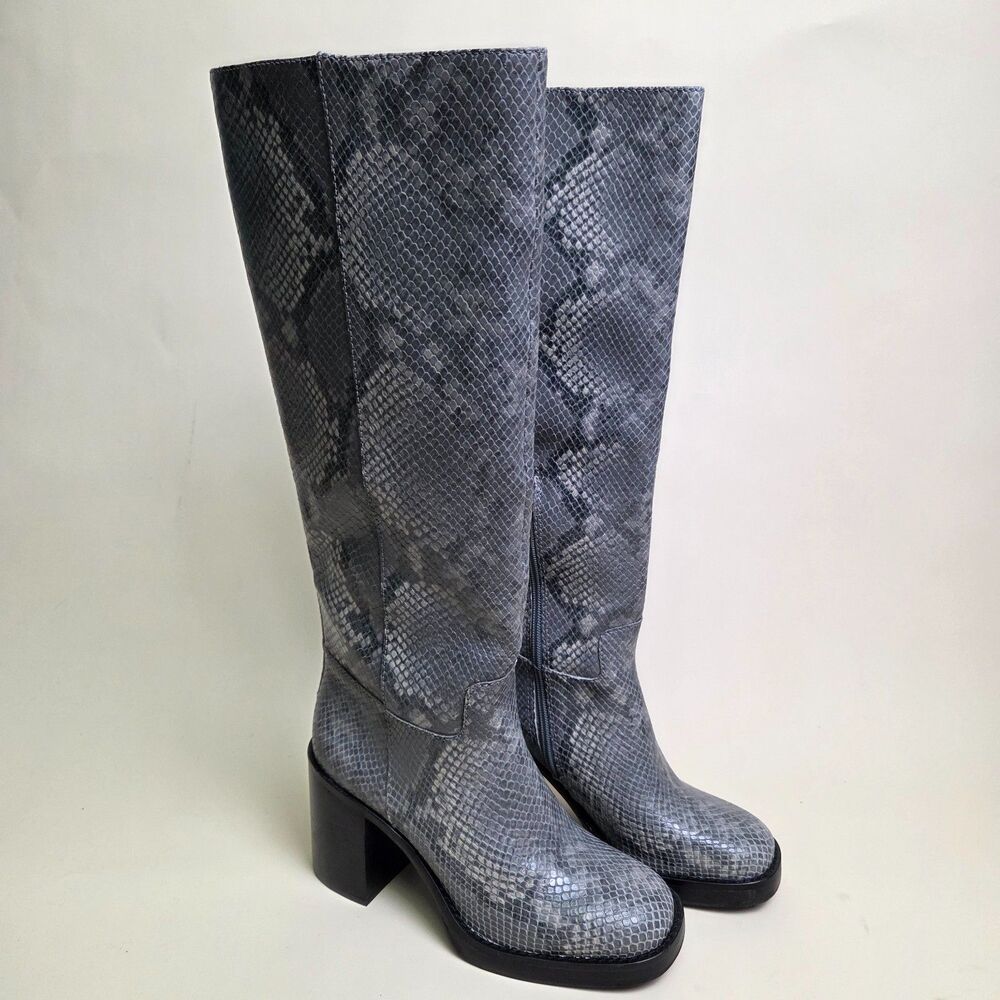 Vince Camuto Gibi Knee High Boots Snake Print Leather Block Heel Gray Black 7.5